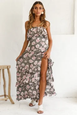 Zulu Frill Bust Front Split Maxi Dress Floral Print Olive -Cheap Dress Store photo 1597 62355d02 olive