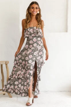 Zulu Frill Bust Front Split Maxi Dress Floral Print Olive -Cheap Dress Store photo 1601 62355d02 olive