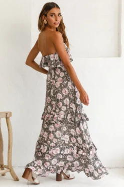 Zulu Frill Bust Front Split Maxi Dress Floral Print Olive -Cheap Dress Store photo 1608 62355d02 olive