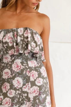 Zulu Frill Bust Front Split Maxi Dress Floral Print Olive -Cheap Dress Store photo 1609 62355d02 olive