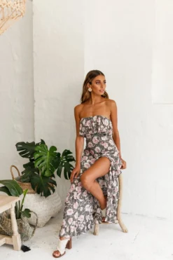 Zulu Frill Bust Front Split Maxi Dress Floral Print Olive -Cheap Dress Store photo 1611 62355d02 olive